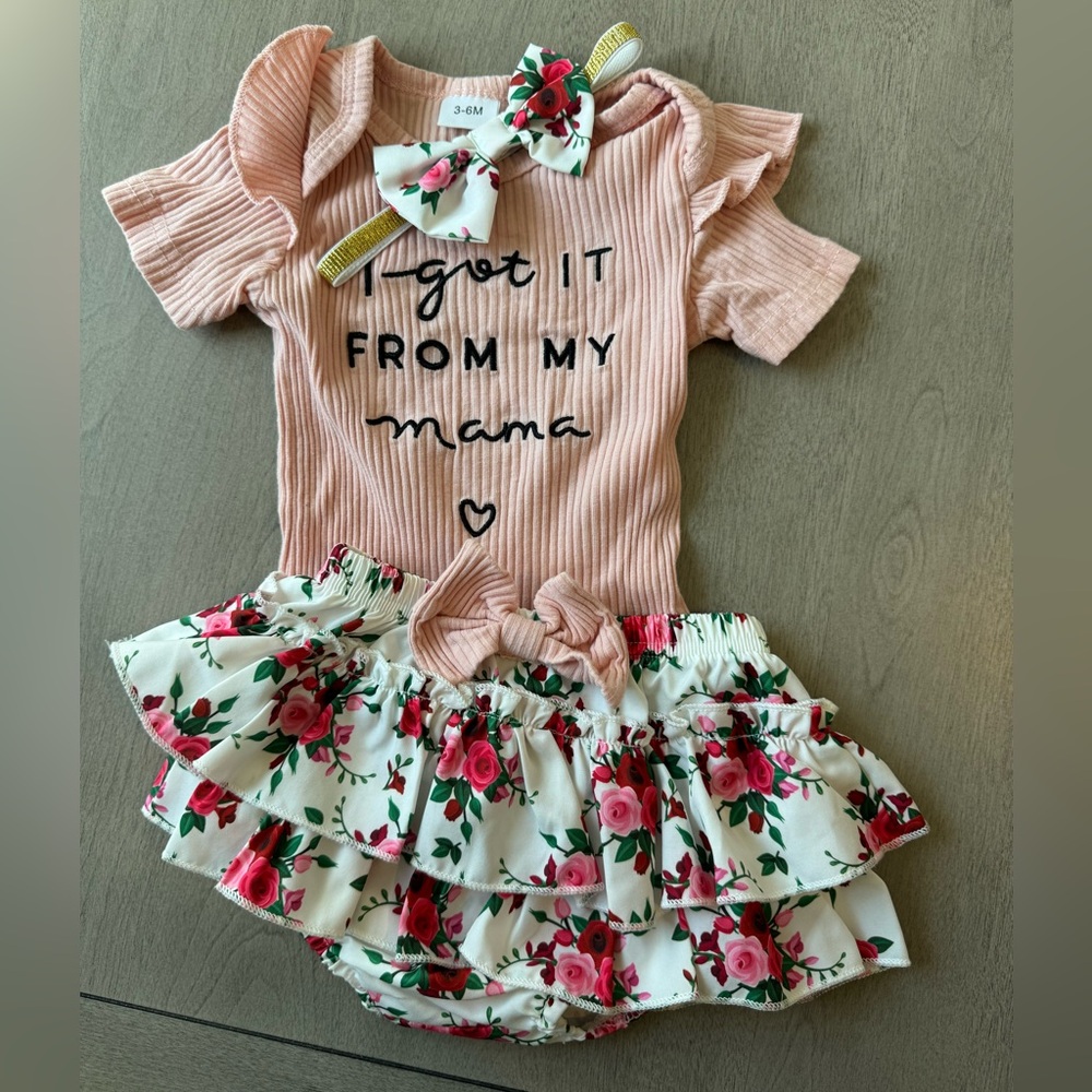“I got it from my mama” onsie, skirt, headband set, 3-6m